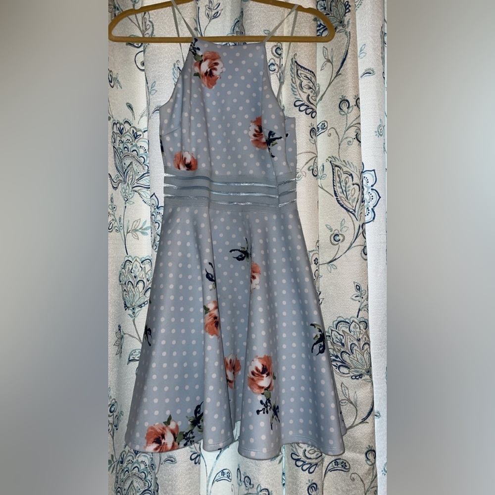 Blue and pink polka dot flower dress